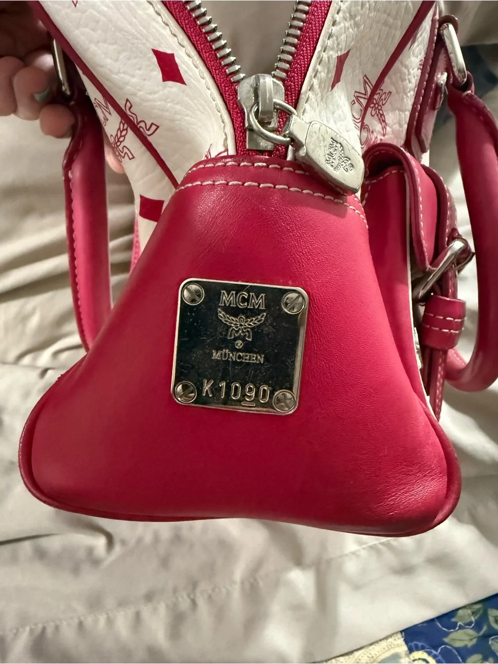 MCM White and Pink Logo Pocket Satchel with Charm - Picture 3 of 5
